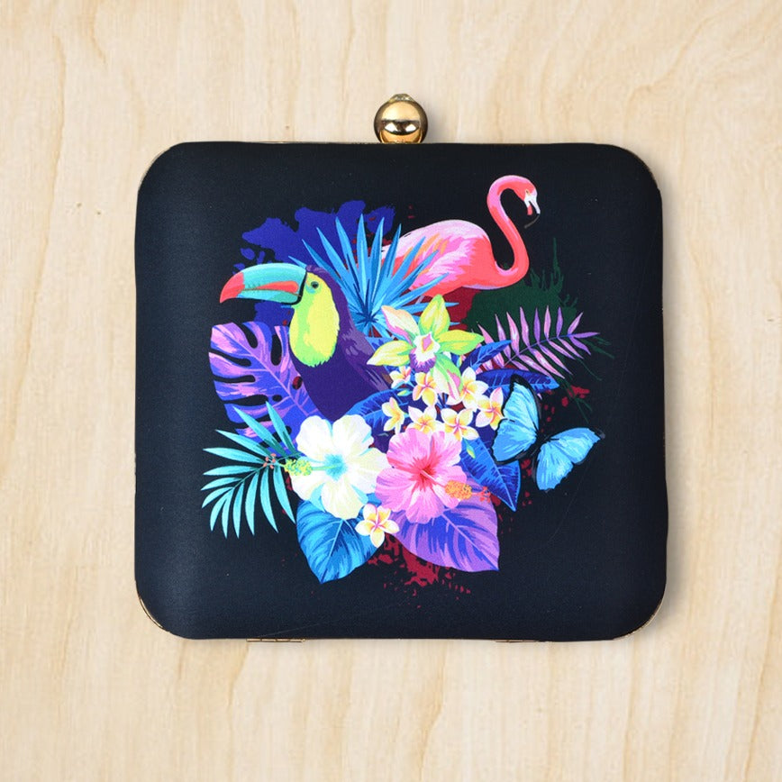 Vibrant Bird & Flower Printed Clutch