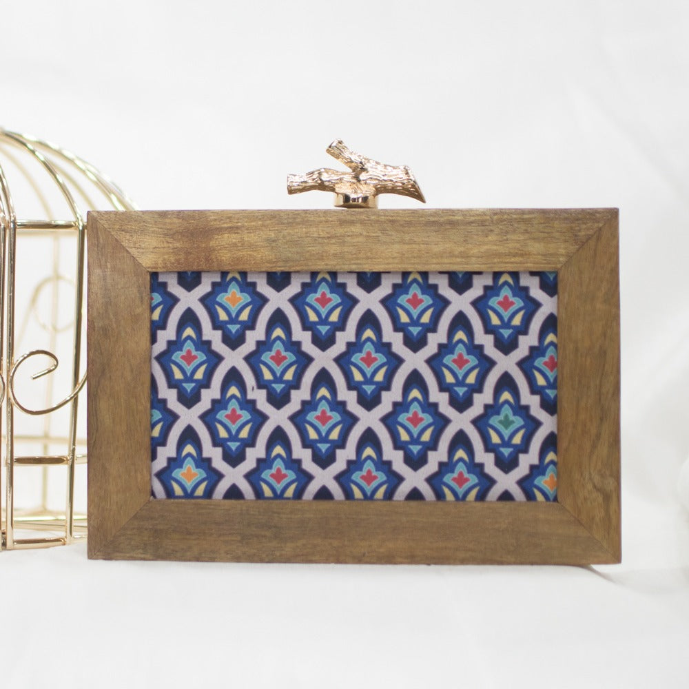 Neela printed wooden clutch purse