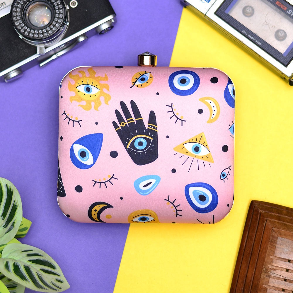 Evil Eye Printed Clutch (Light Pink Shade)