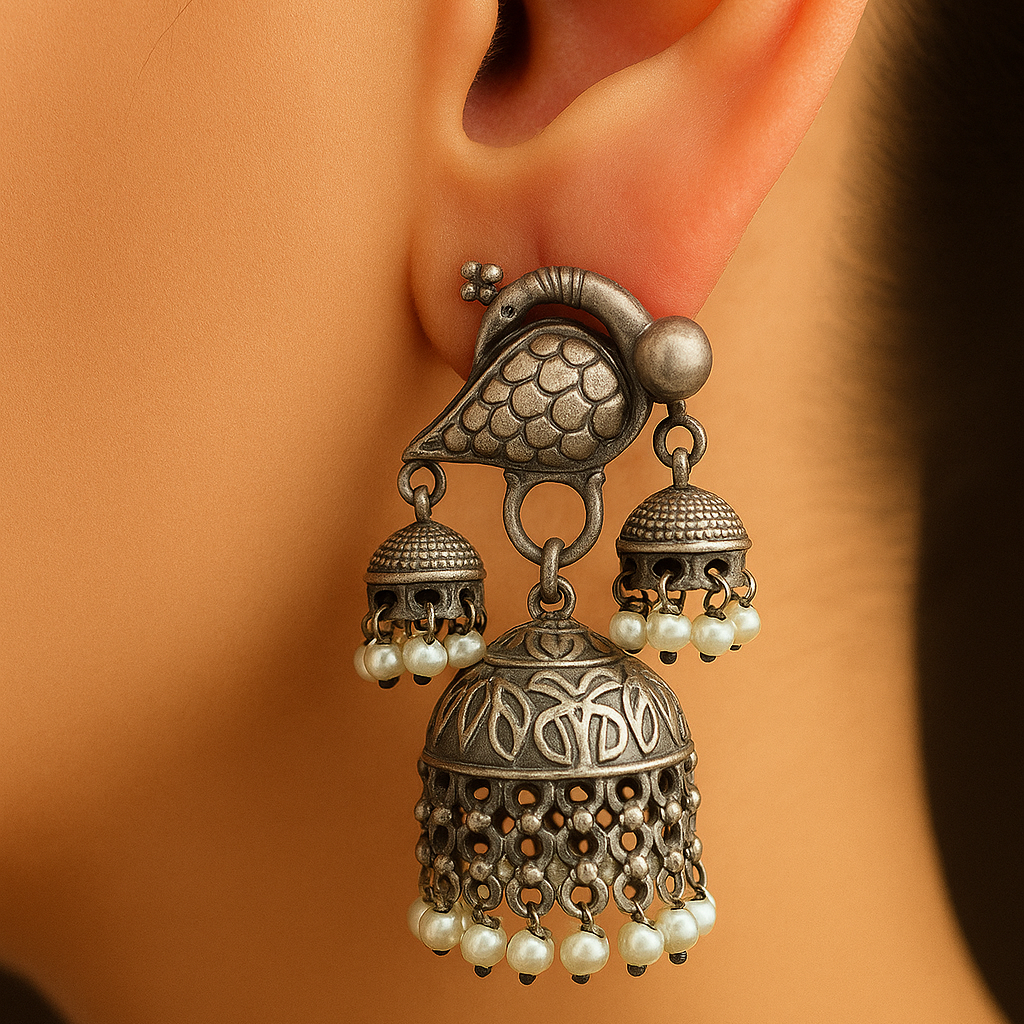 Morni Silver Lookalike Oxidised Jhumkas