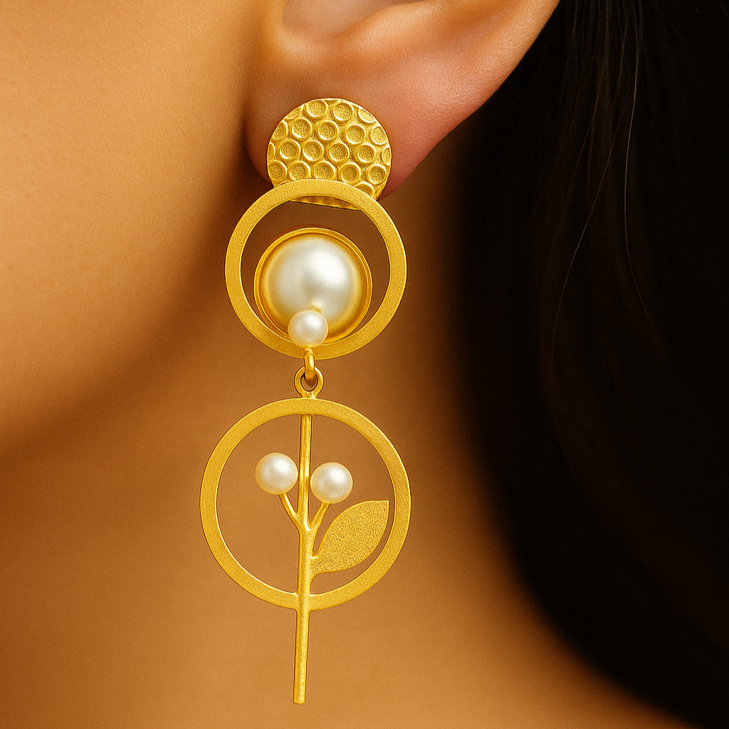 Long Pearl Brass Earrings