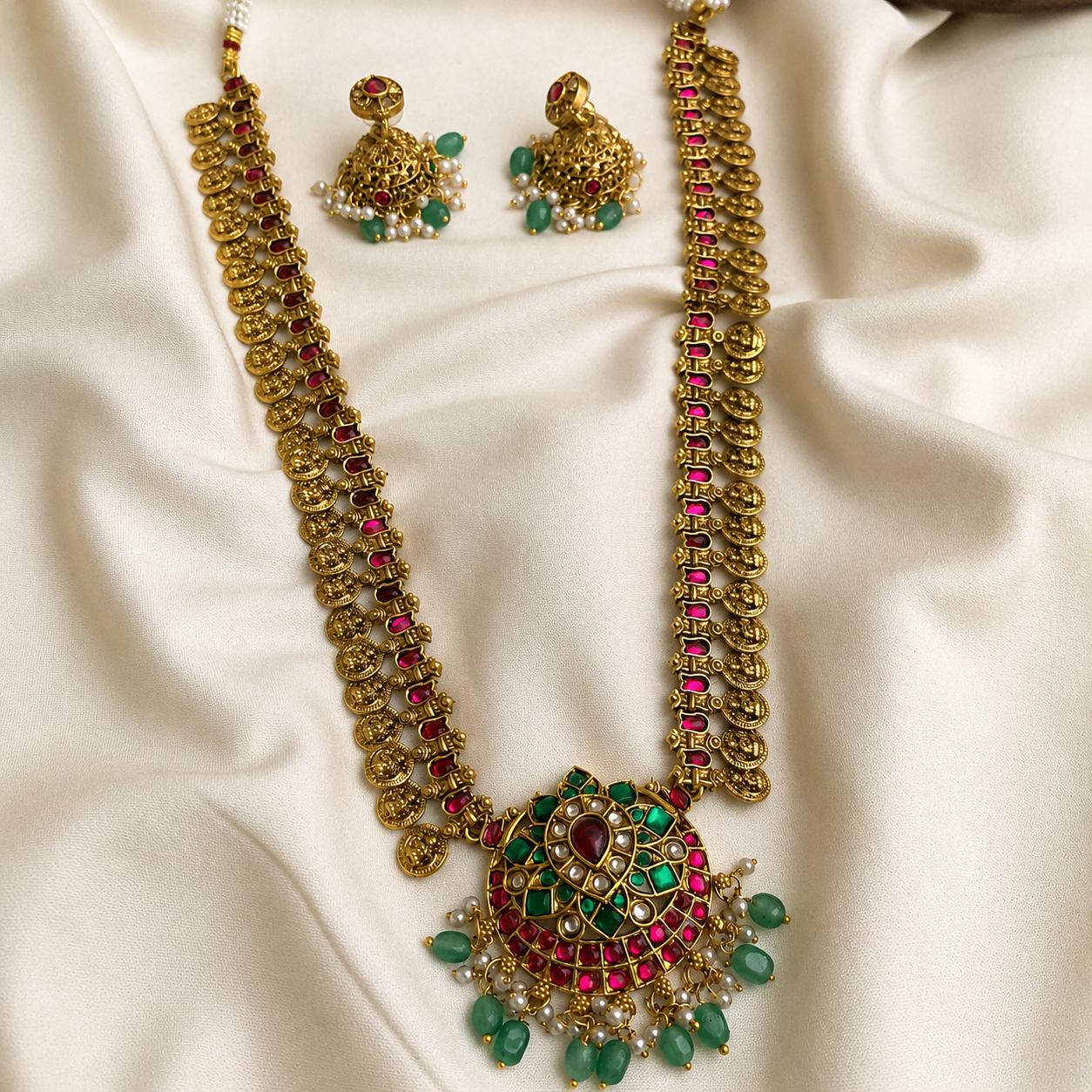 Antique Lakshmi Coin Necklace Set with Green Beads