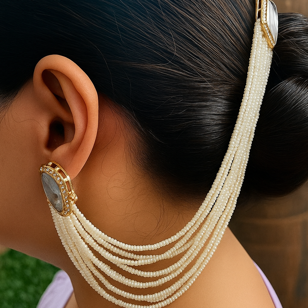 Mutilayered pearl kaan chain earrings