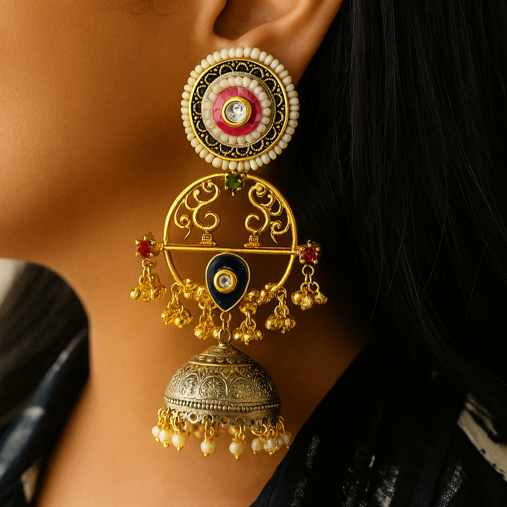 Nihira Gold Plated Dual tone earrings (Red and blue)