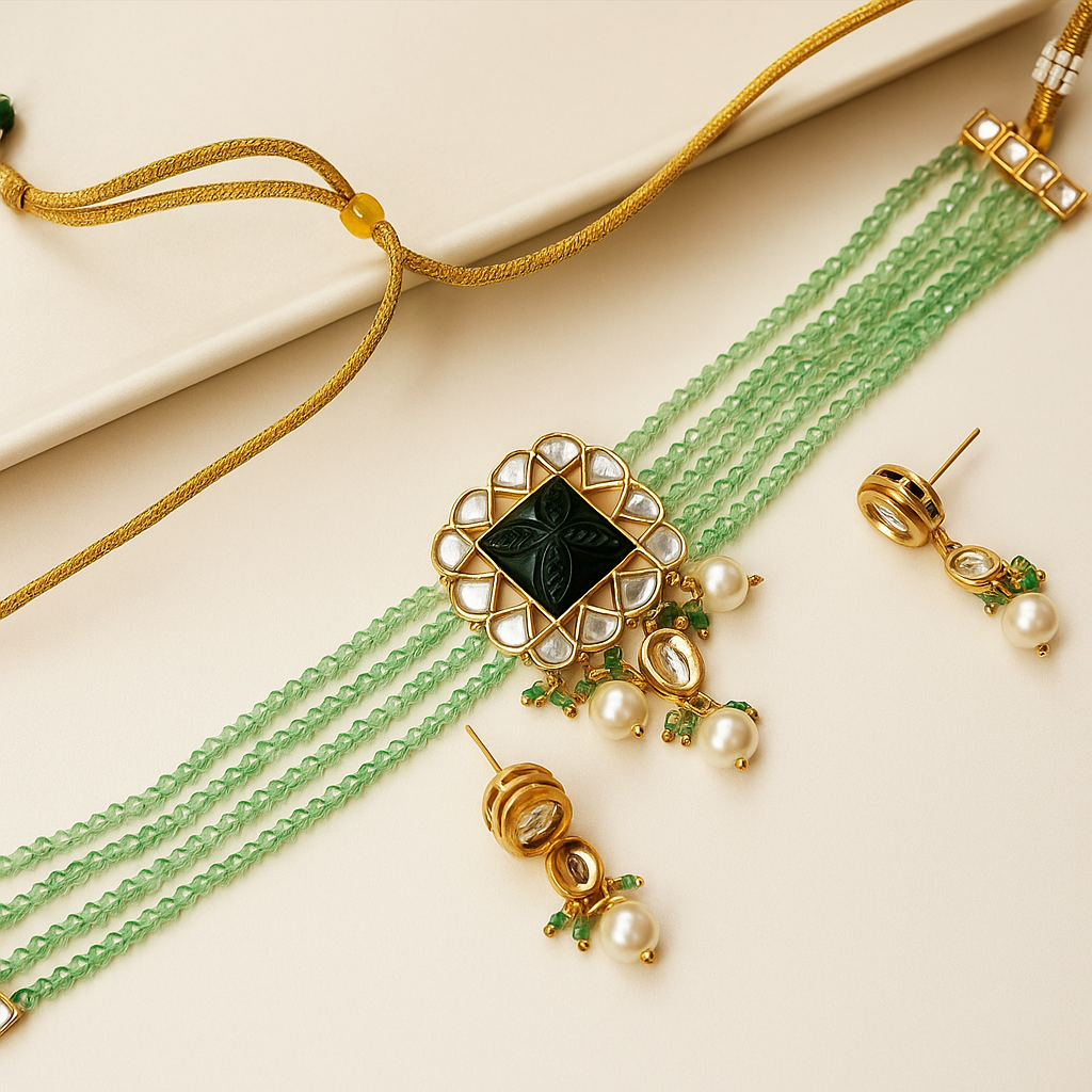 Dhruvi Kundan Beads Necklace Set (Mint Green color)
