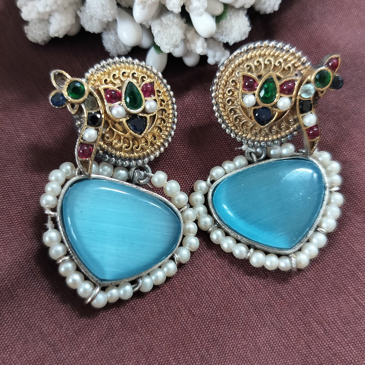 Aasmani Mor Pachi Kundan Fusion Earrings