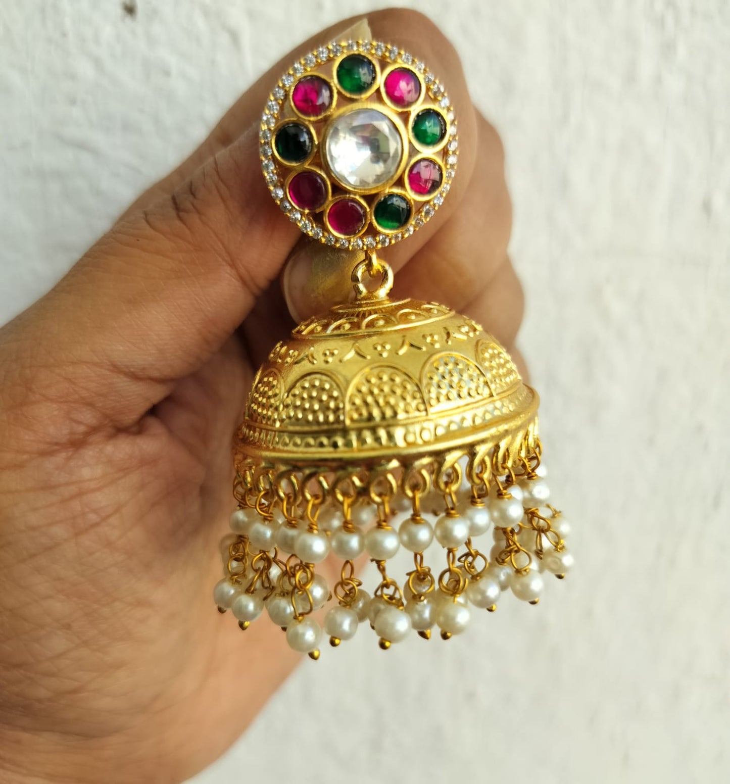 Ritu Gold plated Jhumka (Pink and green)