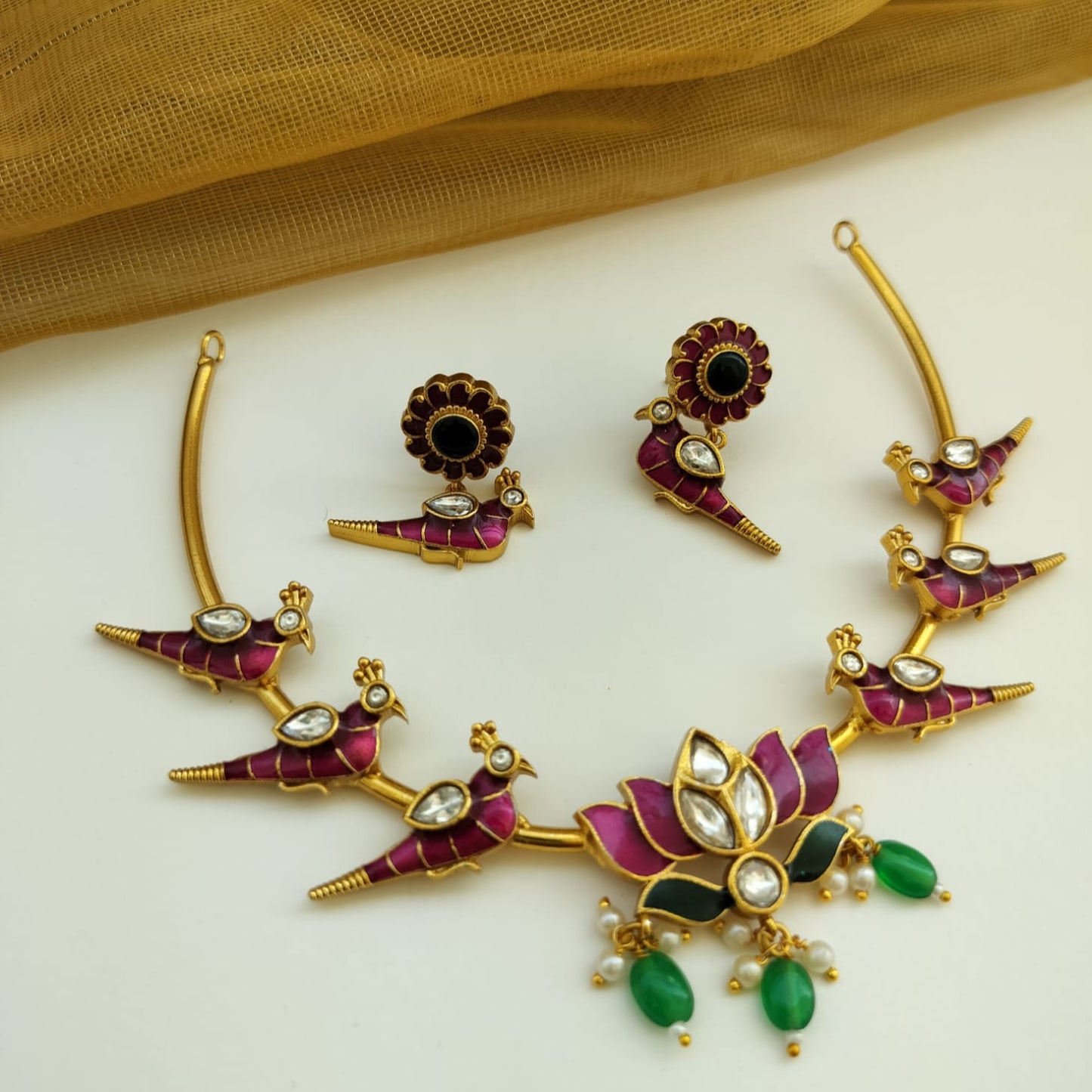 Pink & Green Enameled Lotus Necklace set