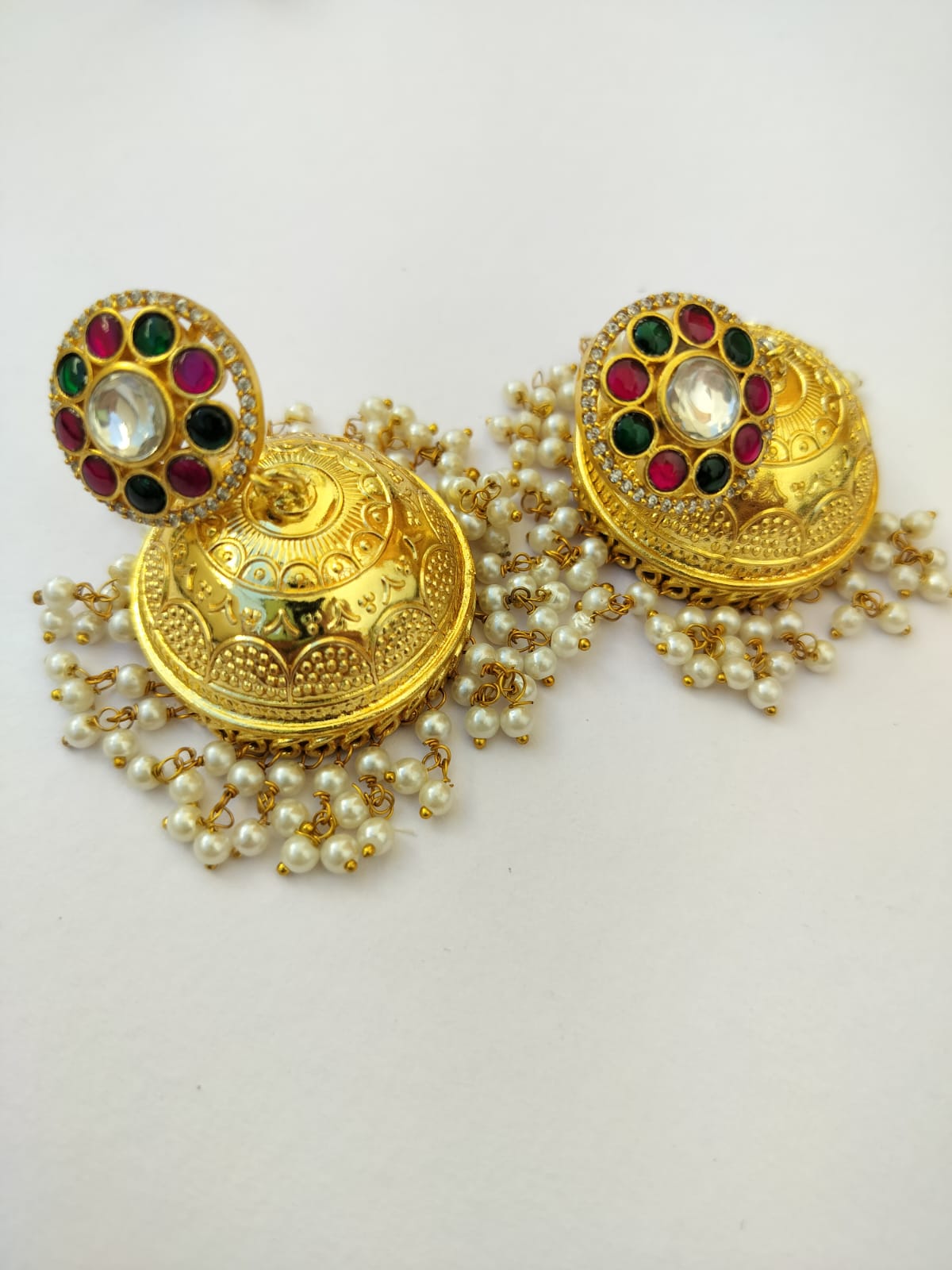 Ritu Gold plated Jhumka (Pink and green)