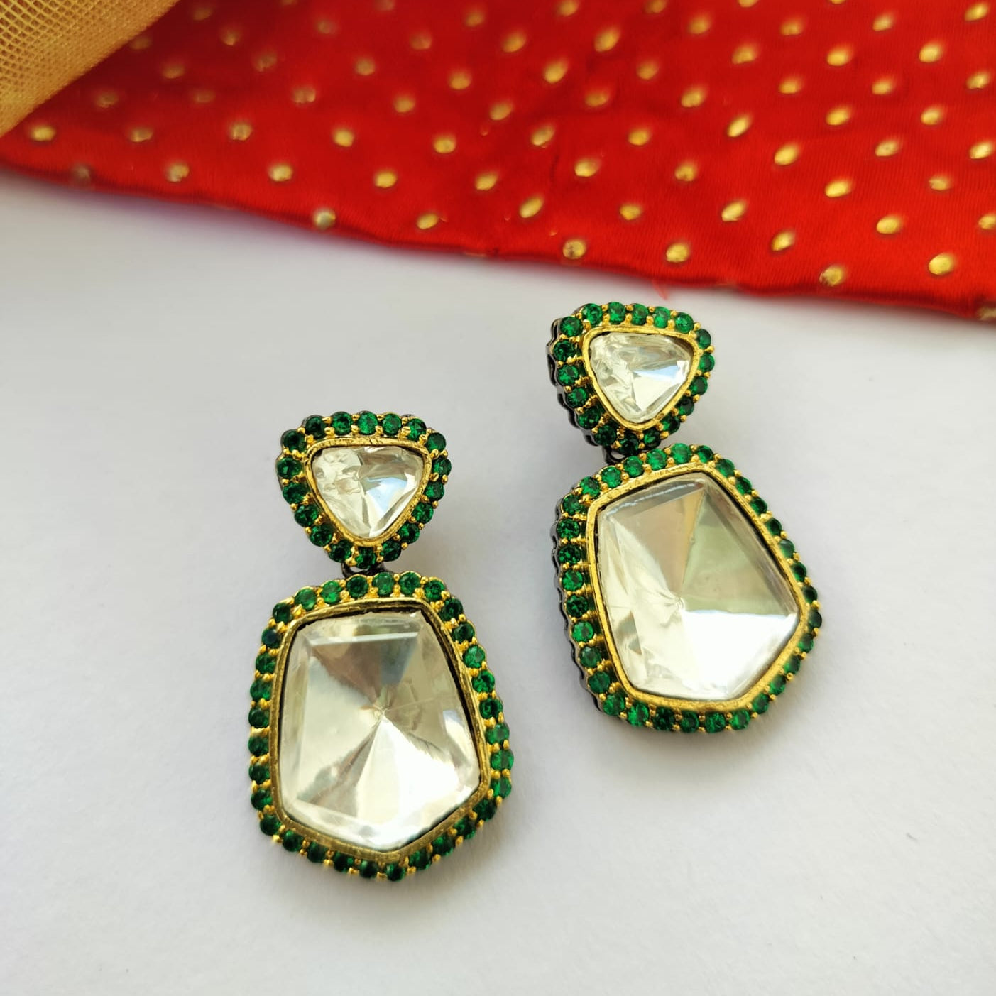 Aja Mossanite Kundan Earrings (Green Color)
