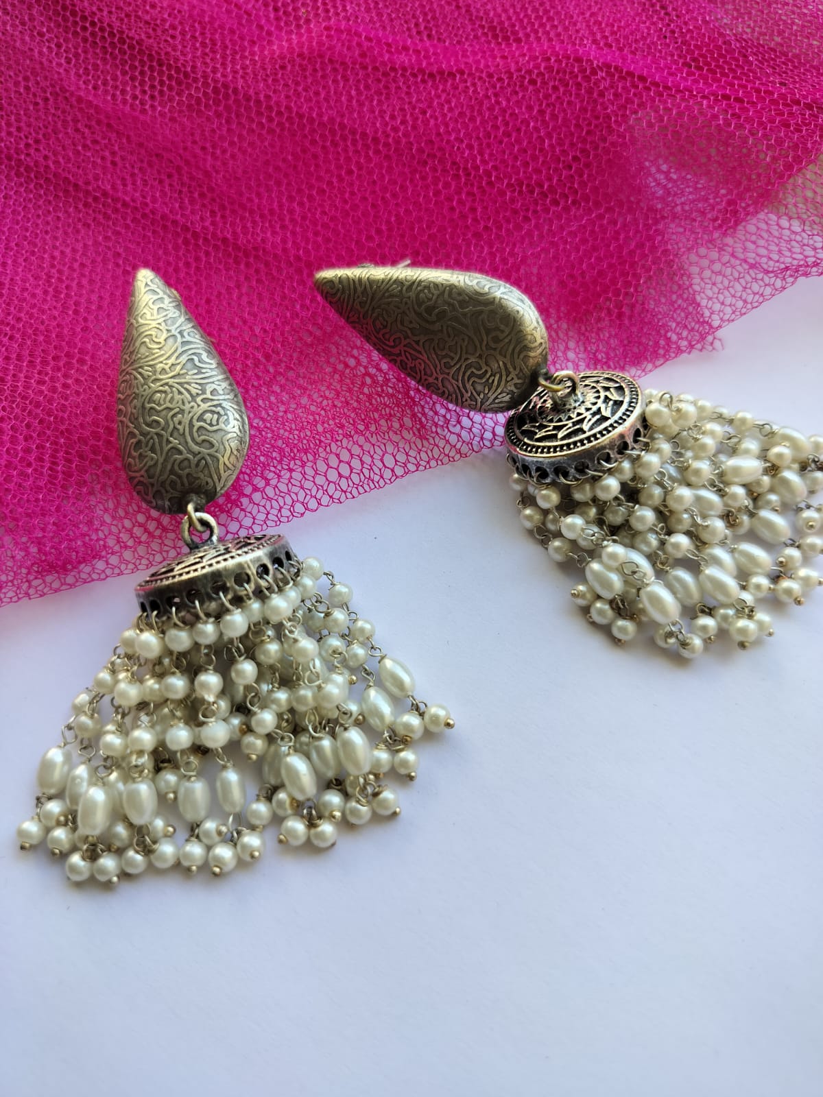 Long pearl Oxidised Jhumka