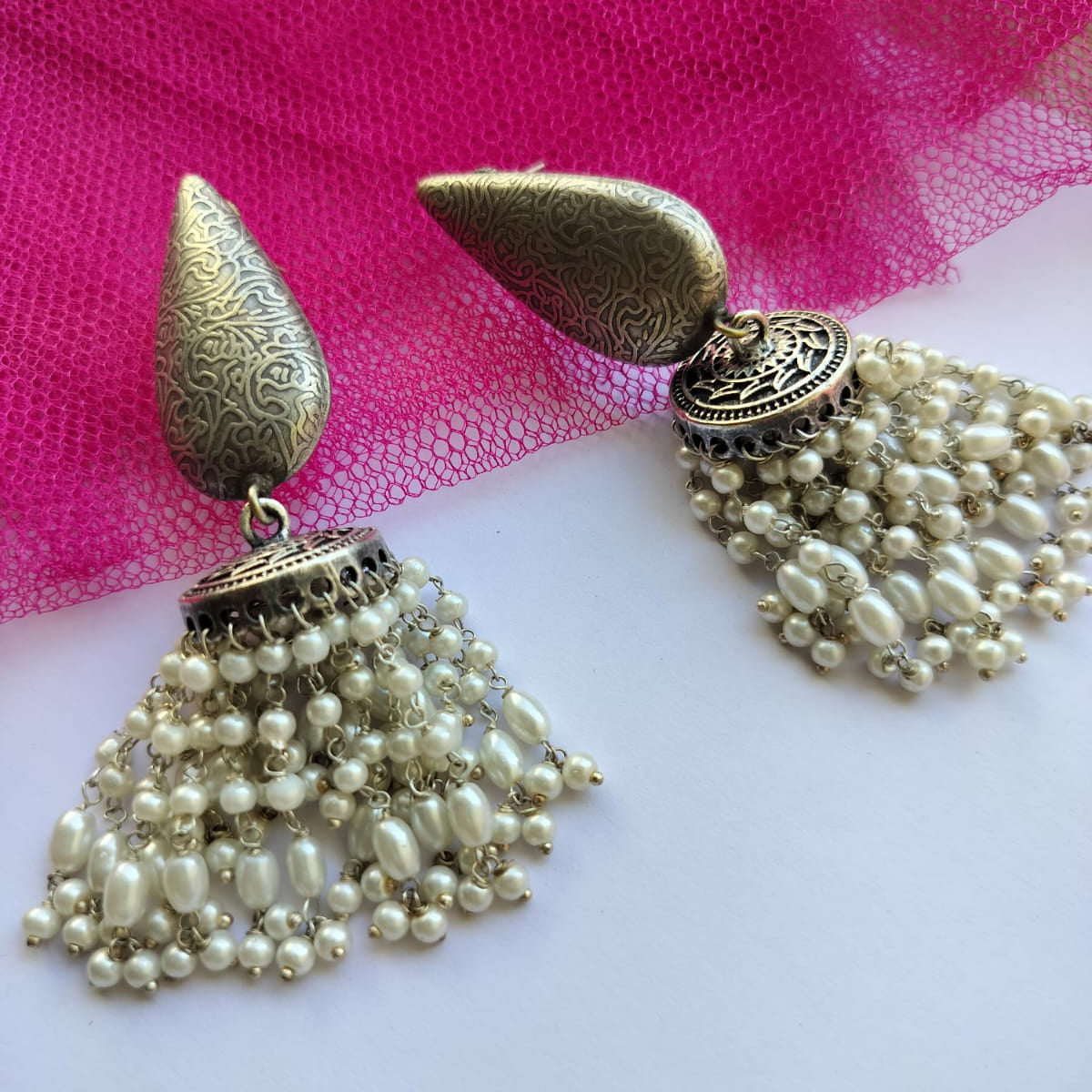 Long pearl Oxidised Jhumka