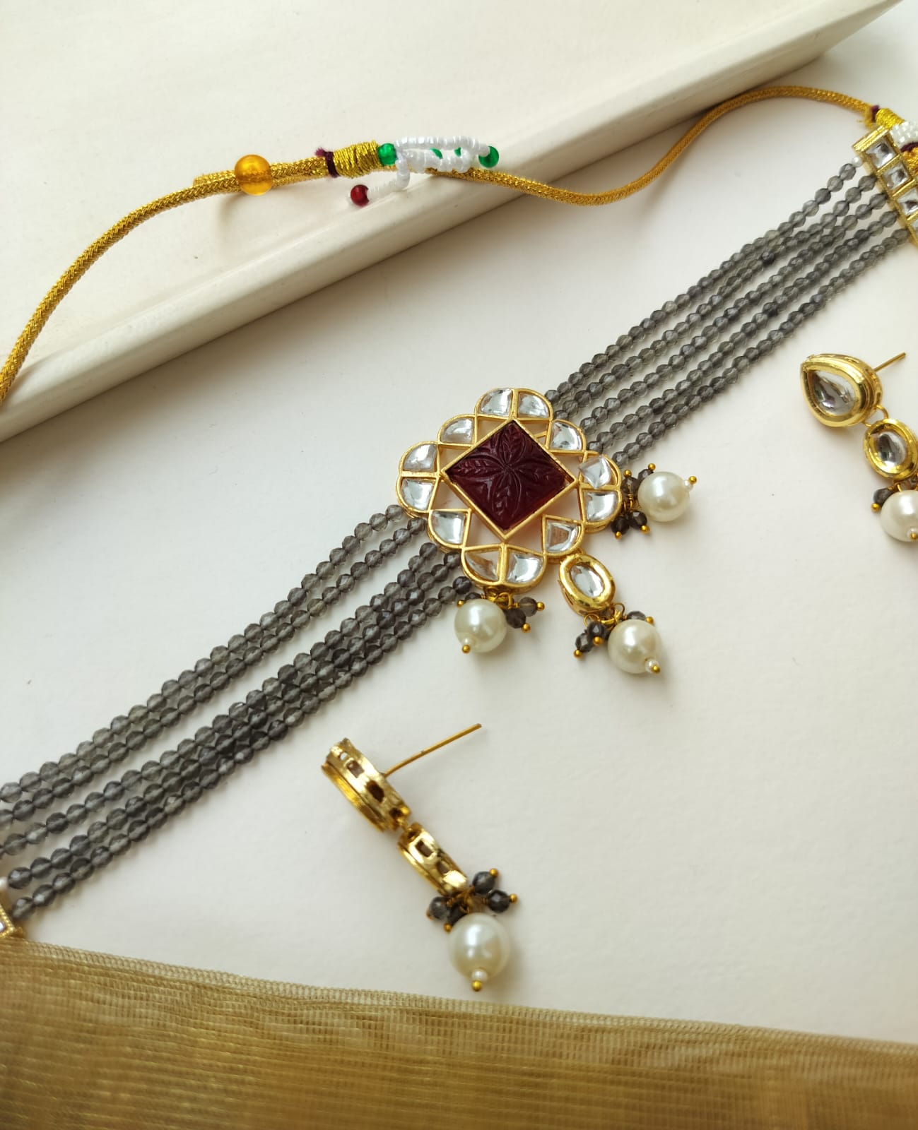 Dhruvi Kundan Beads Necklace Set (Grey color)