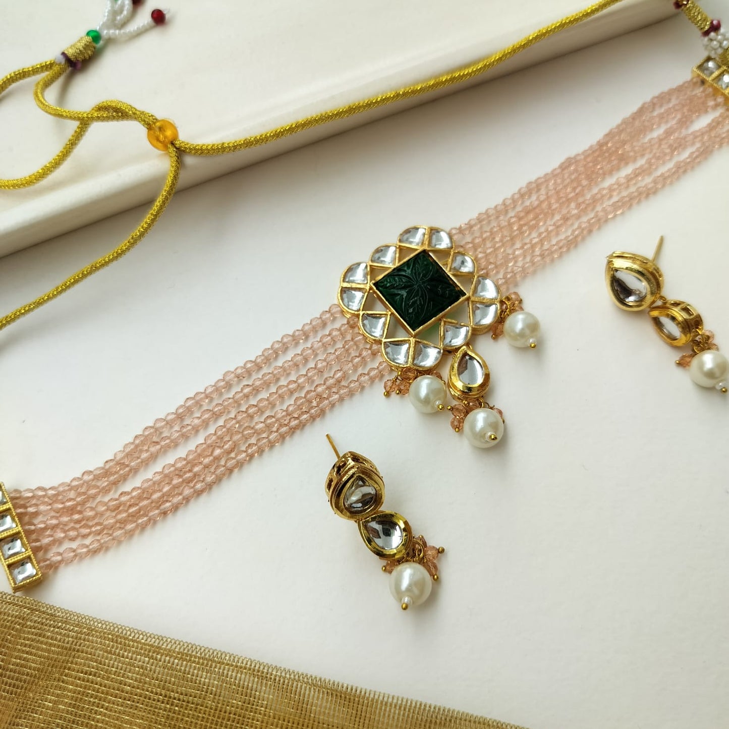 Dhruvi Kundan Beads Necklace Set (Light peach color)