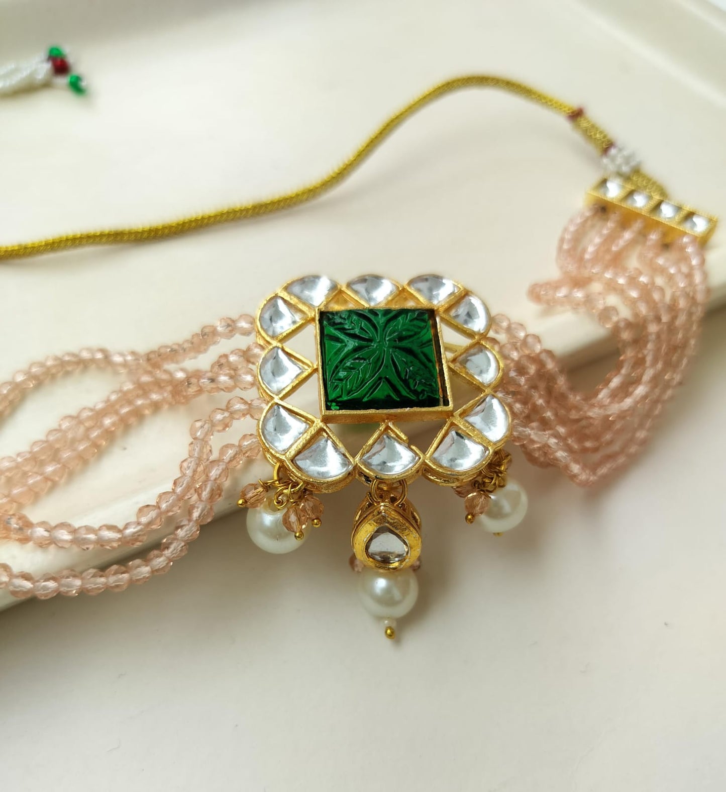 Dhruvi Kundan Beads Necklace Set (Light peach color)
