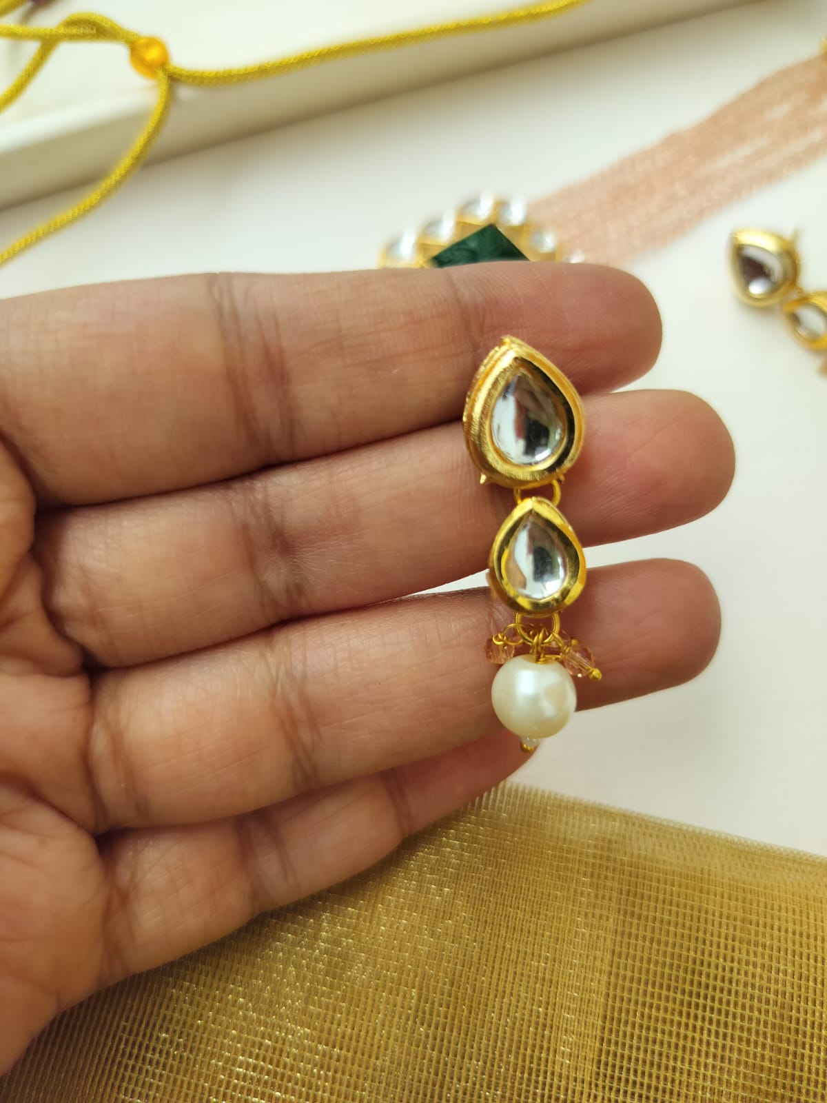 Dhruvi Kundan Beads Necklace Set (Light peach color)