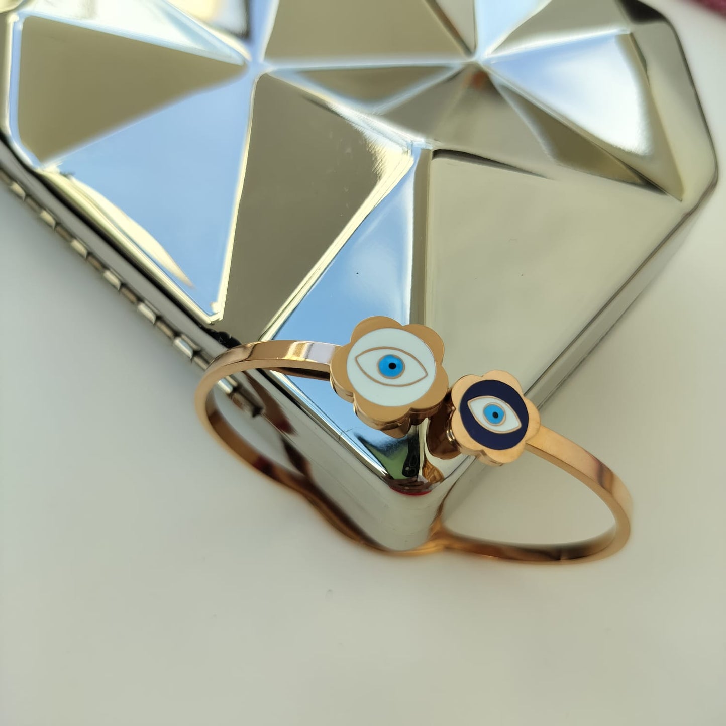Stainless Steel Rosegold Plated Two Flower Evil Eye Enamel Kada
