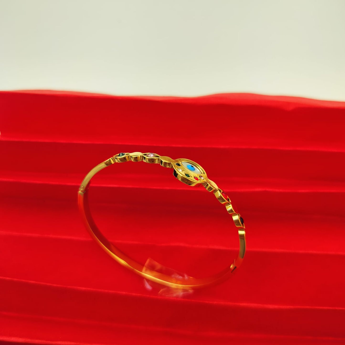 Stainless Steel Gold Plated Multi Colour Cubic Zircon Evil Eye Kada