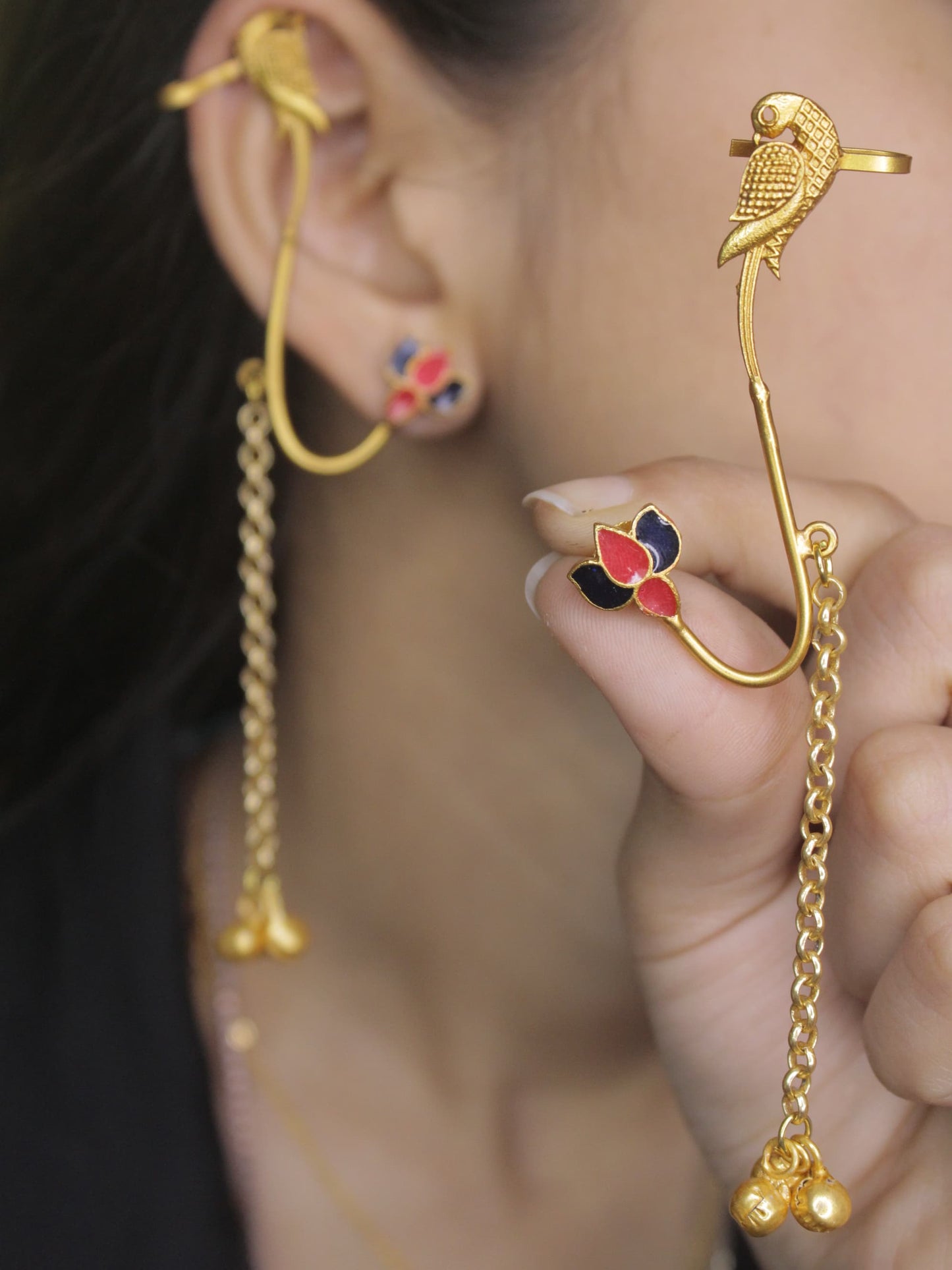 Parrot Charm Golden Earcuff Earrings