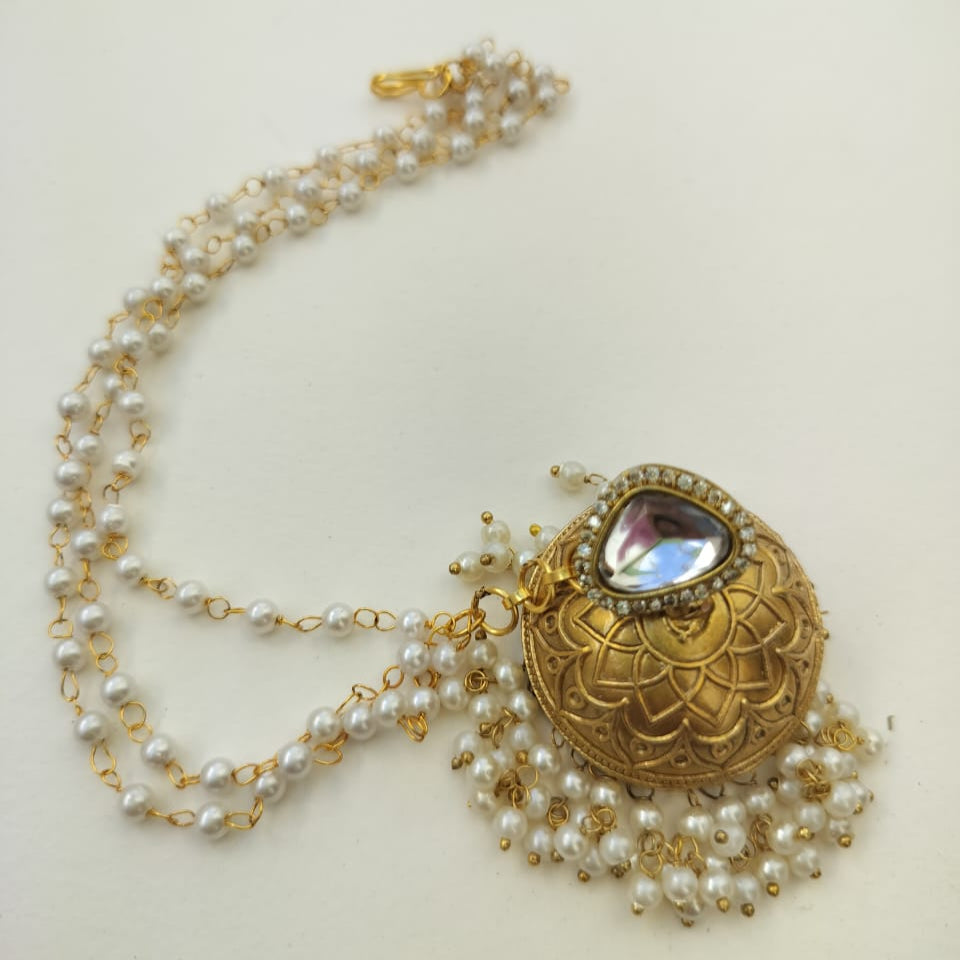 Golden Jhumka with Pearl Ear chain