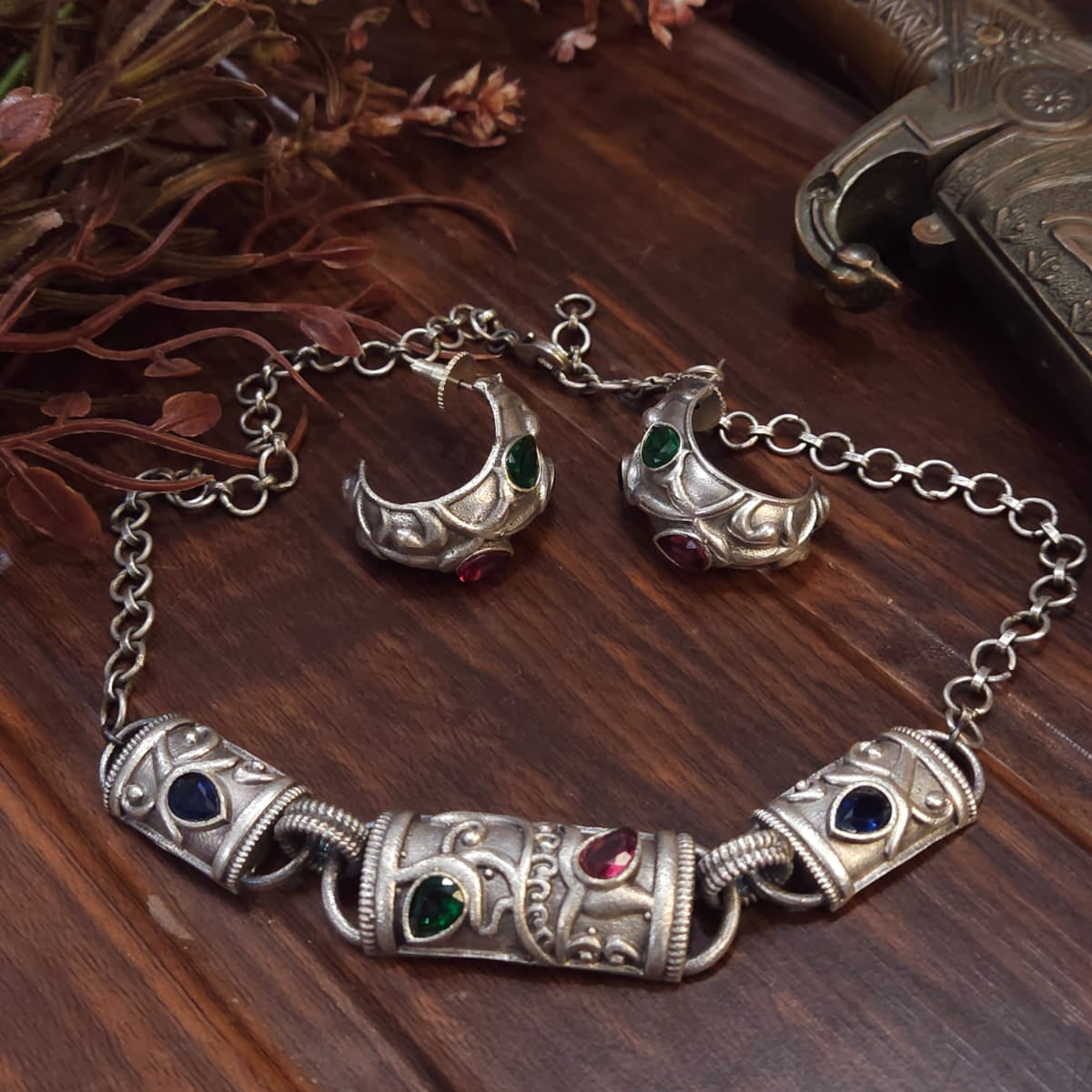 Oxidised Tribal Charm Set – Necklace & Earrings