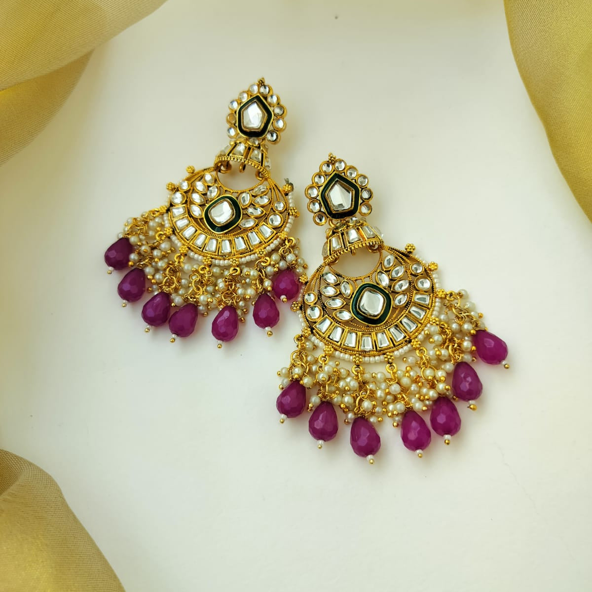 Kundan Pearl Earrings (Green & Purple)