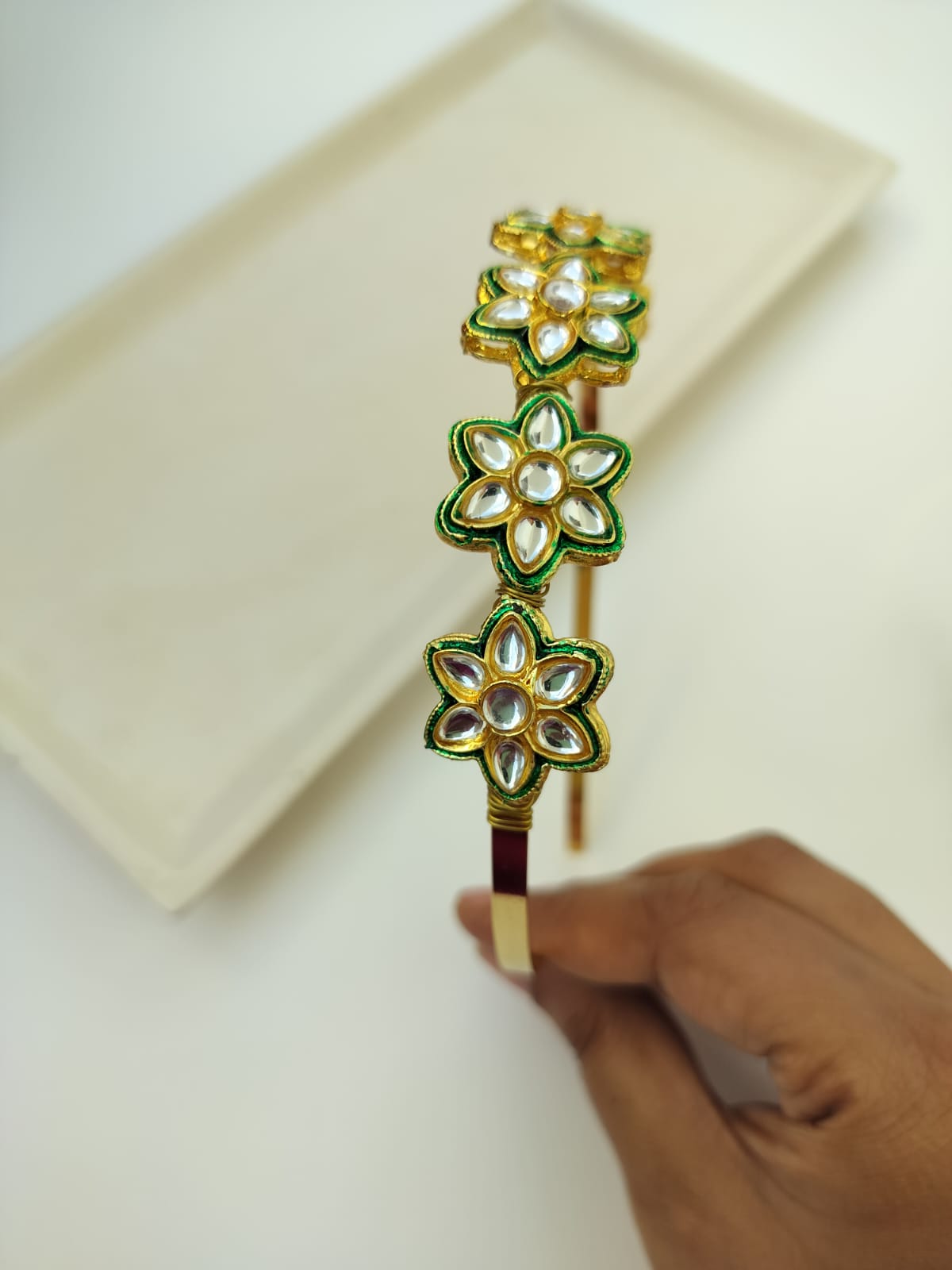 Parineeti Style Floral Kundan Studded Hairband (Golden & Green)