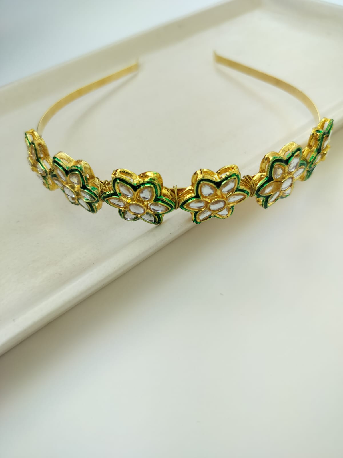 Parineeti Style Floral Kundan Studded Hairband (Golden & Green)