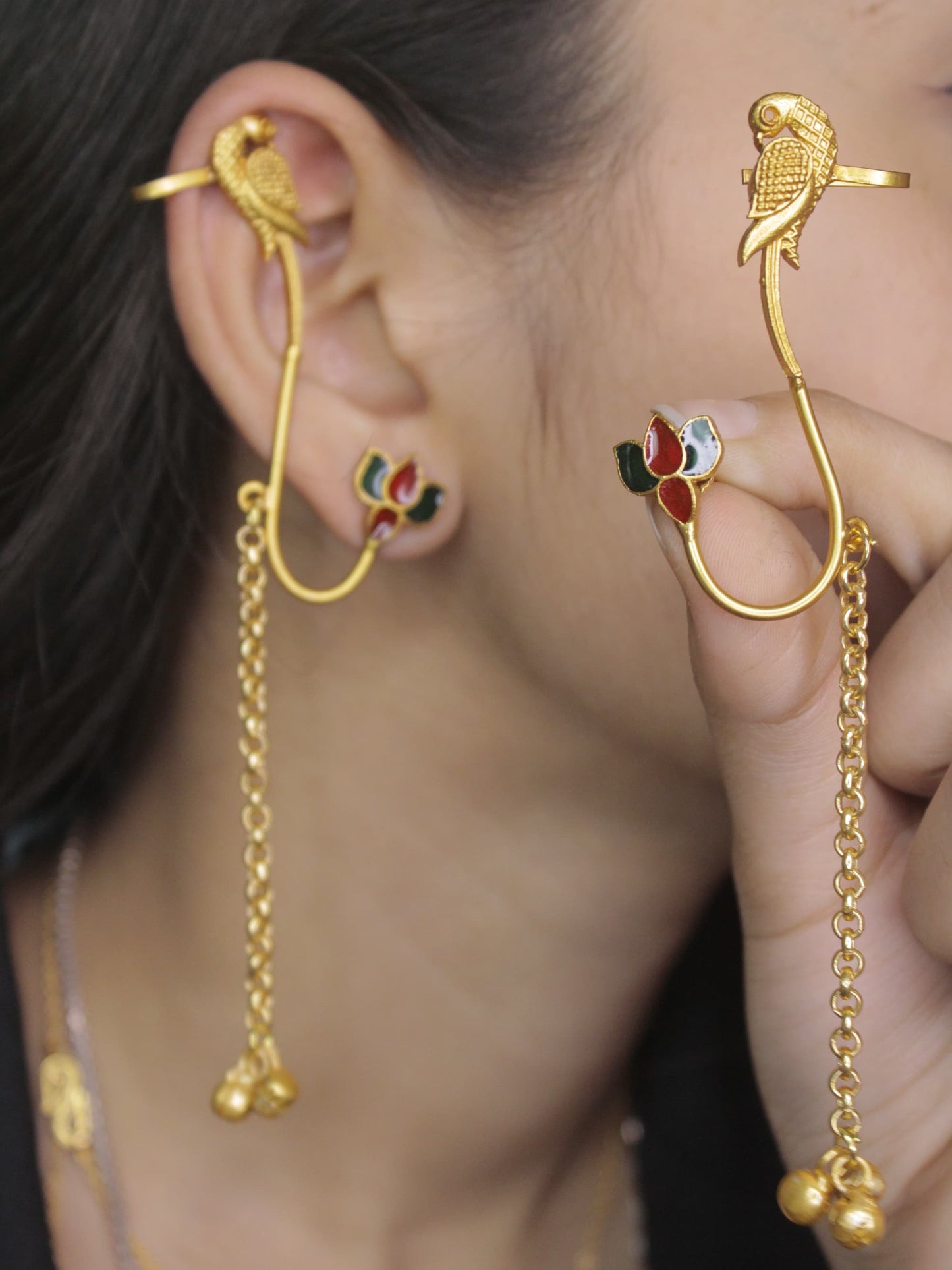 Parrot Charm Golden Earcuff Earrings