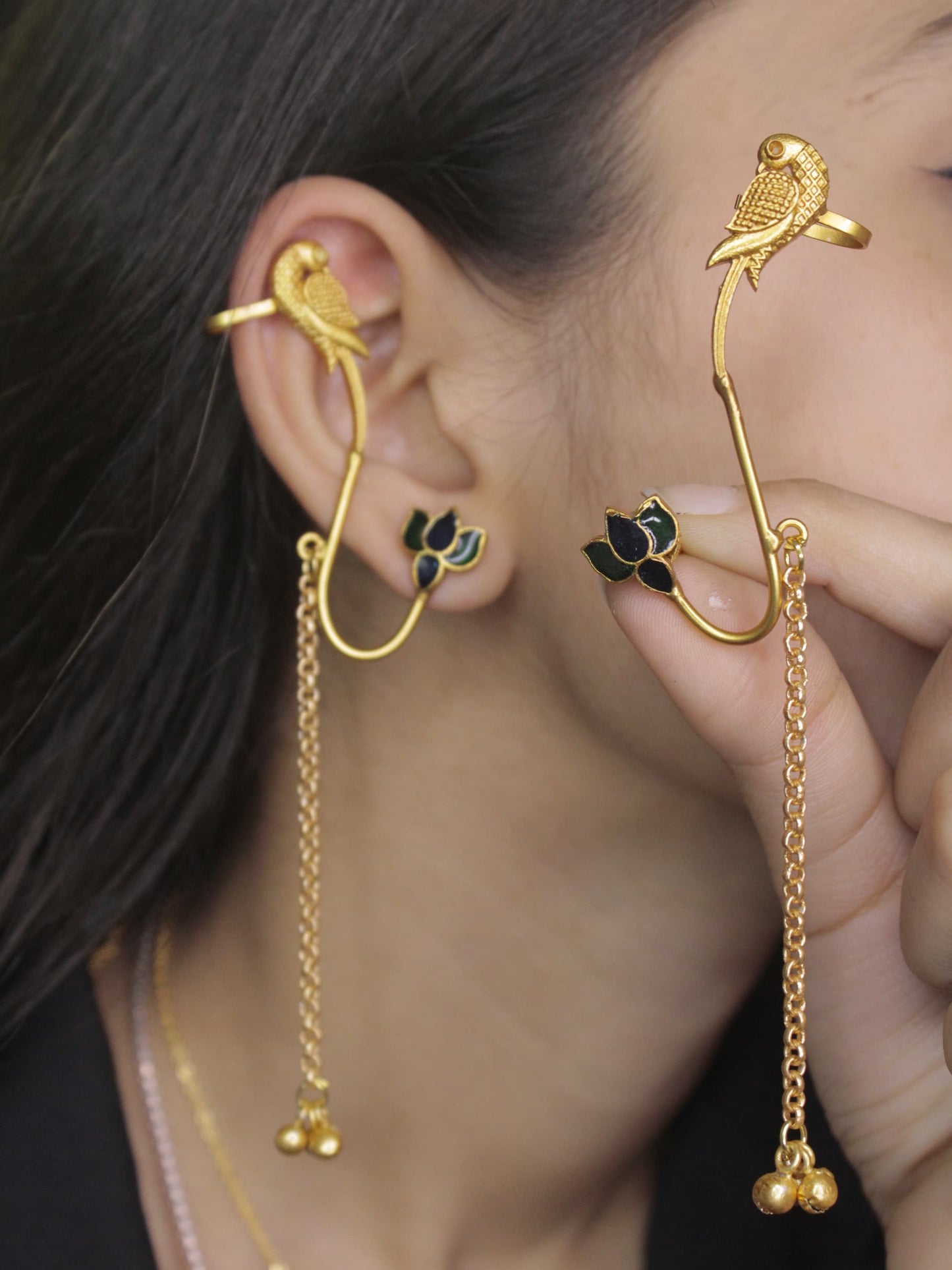 Parrot Charm Golden Earcuff Earrings