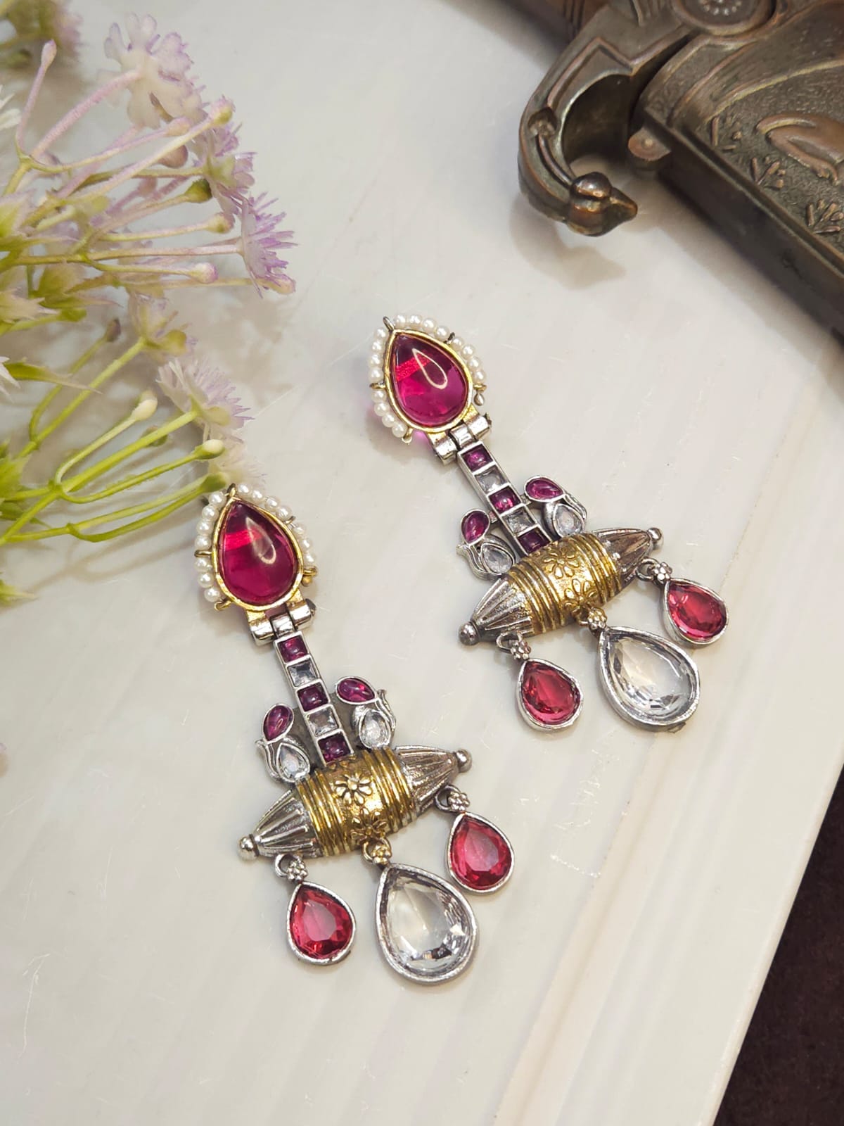 Regal Ruby & Crystal Dangler Earrings