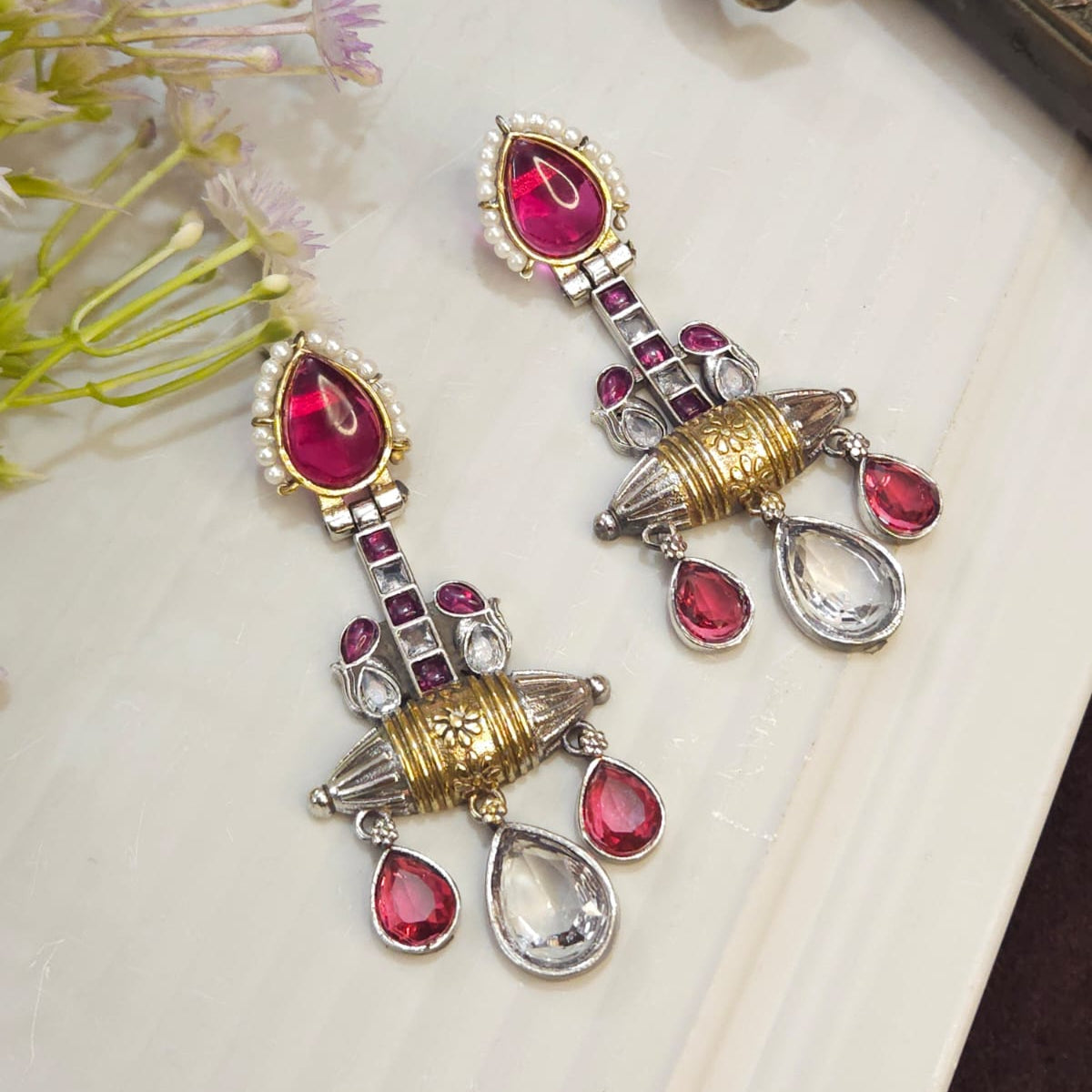 Regal Ruby & Crystal Dangler Earrings