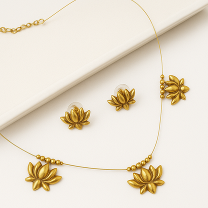 Lotus Charm Necklace & Earring Set – Minimal Gold-Toned