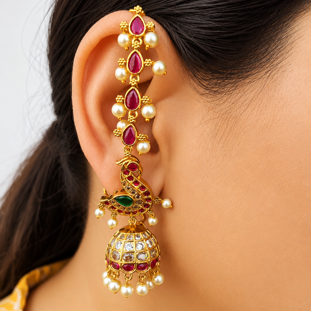 Jadau Kundan jhumka with attached kaan chain