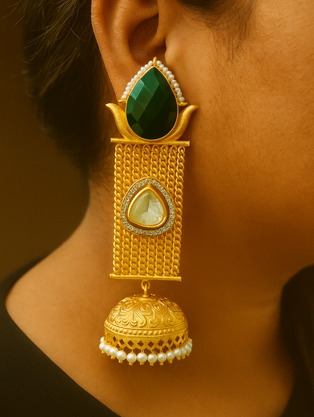 Gold earring with green gemstone worn by a person