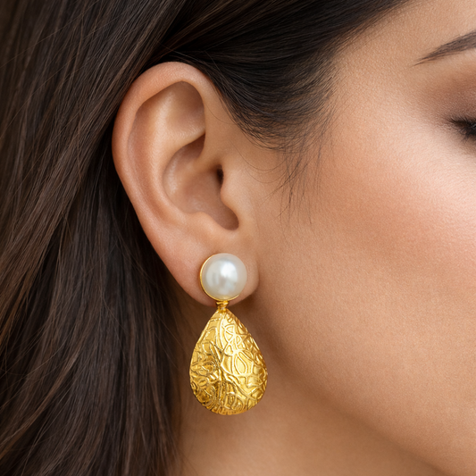 Golden Pearl Brass Drop Earrings