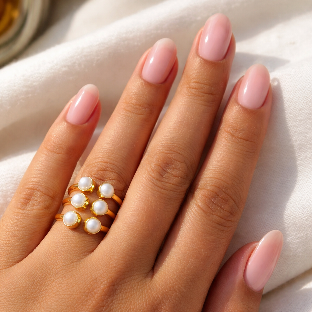 Hand wearing a pearl ring with pink nail polish on a light background