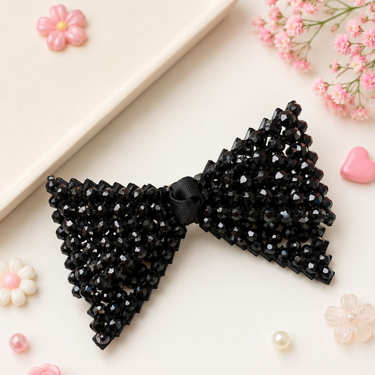 Beaded Black Bow Hair Clip