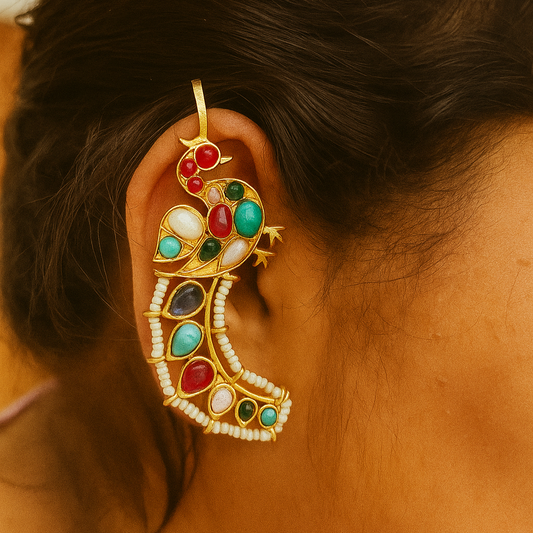 Multicolor Peacock-Inspired Kundan Ear Cuff