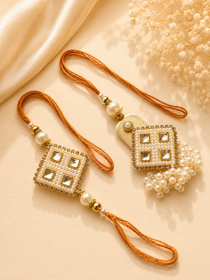 Golden Pearl Rakhi For Bhai & Bhabhi Lumba - Couple Rakhi