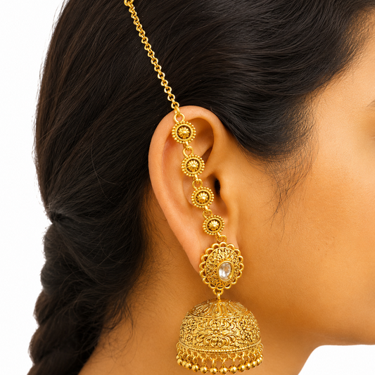 Noorani Golden Jhumka With Kaan Chain
