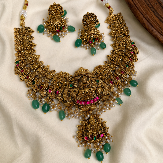 Lakshmi Temple Necklace Set with Green Beads
