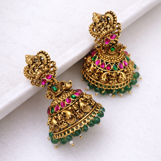 Temple Carved Antique Gold Jhumka Earrings