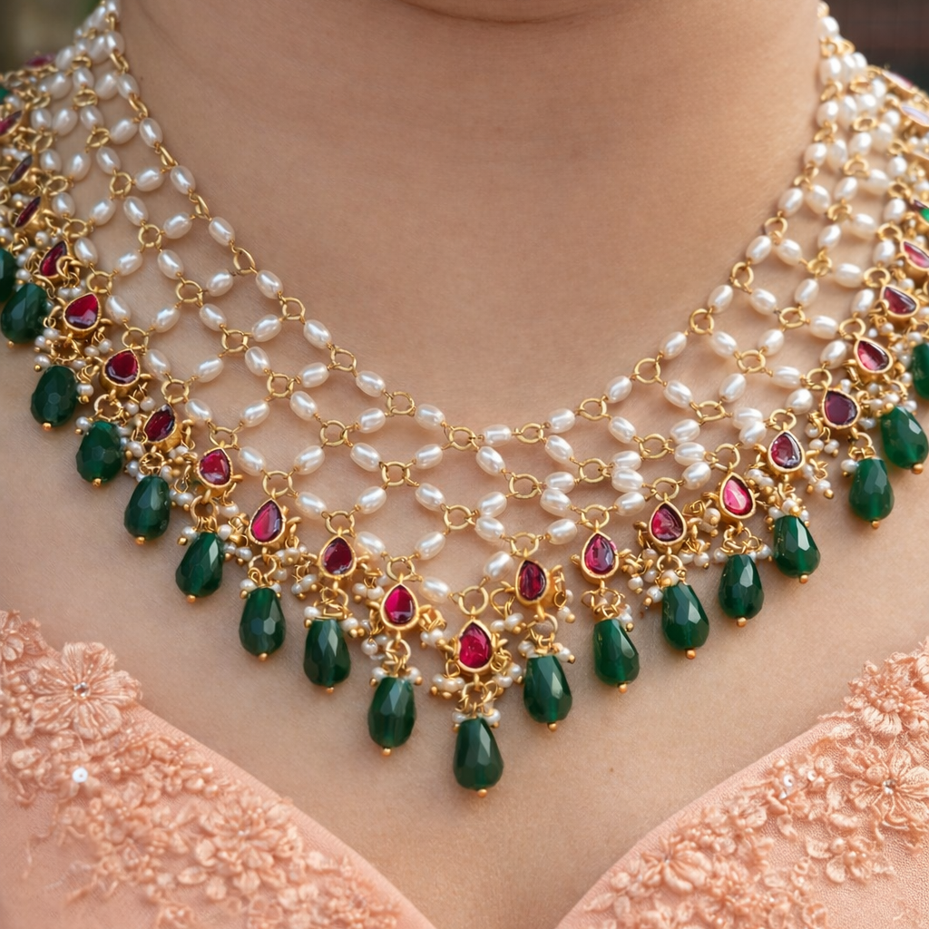 Trinetra Multilayered kundan Pearl Rani haar