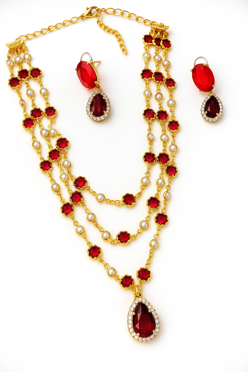 Ruby Radiance Layered Pearl Necklace Set.
