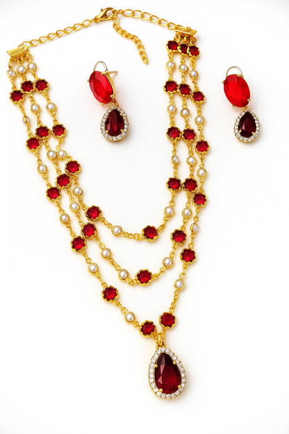 Ruby Radiance Layered Pearl Necklace Set.