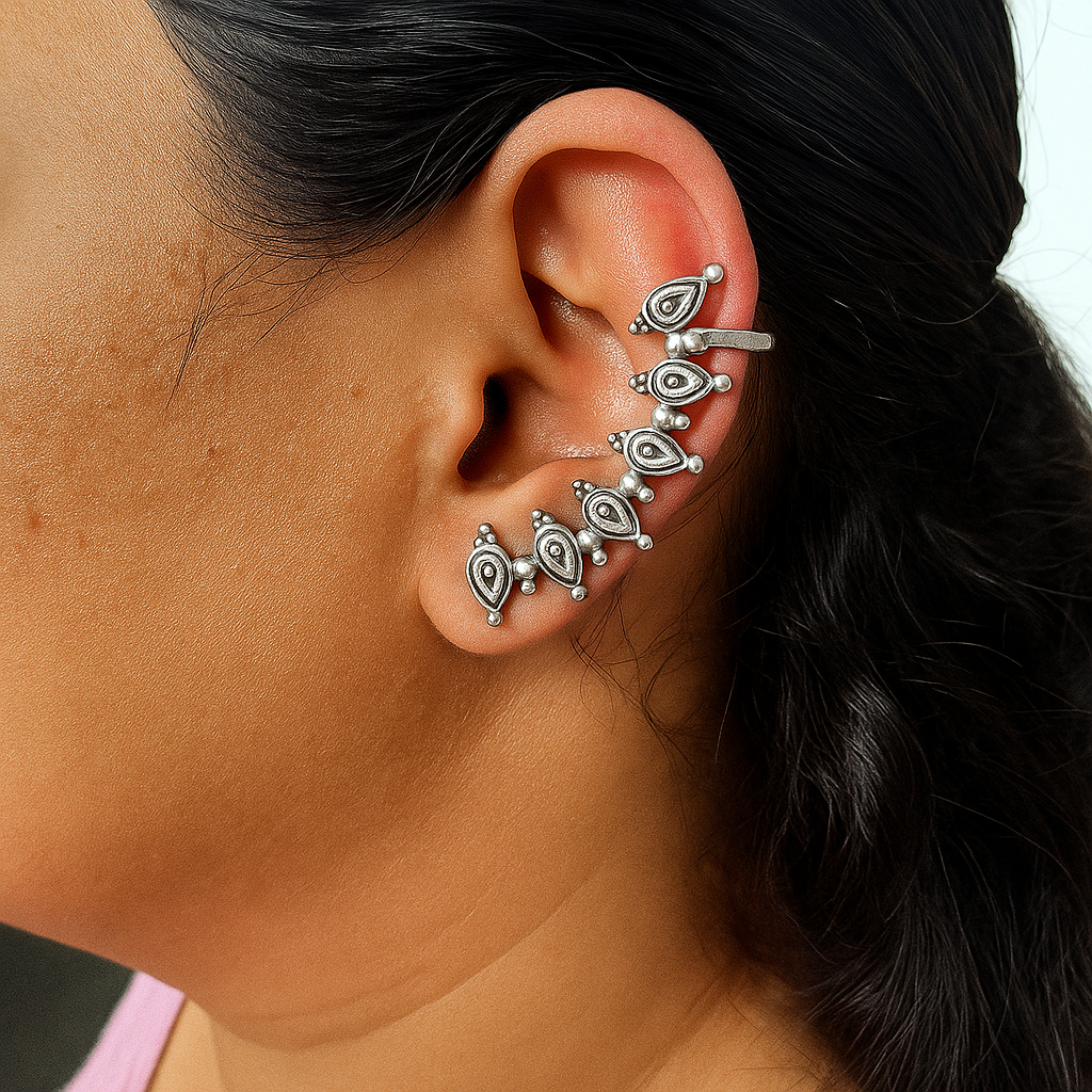 Silver Lookalike Oxidised Earcuff - Set of 2