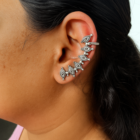 Silver Lookalike Oxidised Earcuff - Set of 2