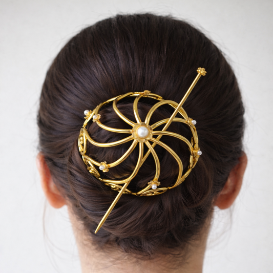 Twisted Brass Hair Bun Cage with bun stick