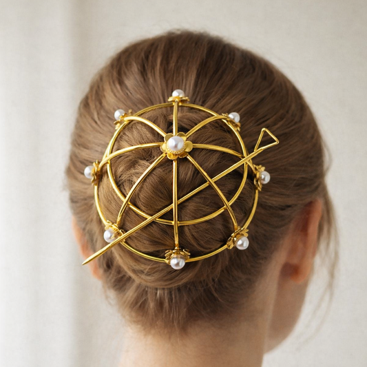 Bold Minimal Brass Hair Bun Cage with bun stick